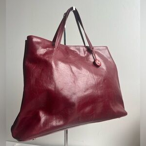 Vintage 90s Y2K Oxblood Leather Tote Bag Structured Patina Minimalist Work Bag